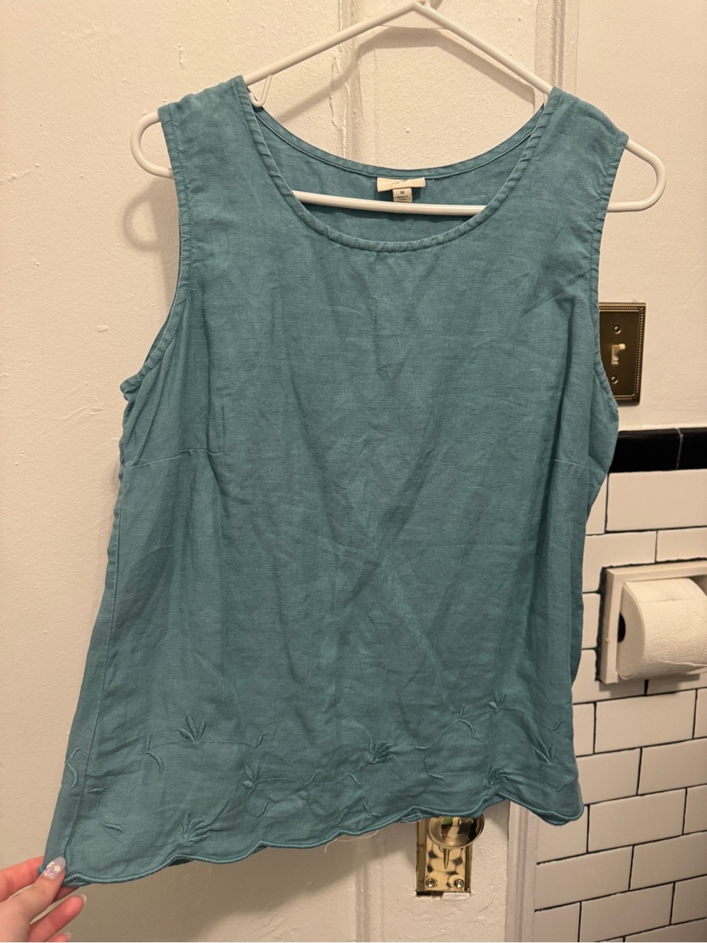 Light Teal Embroidered Scoop Neck Women's 100% Linen Top